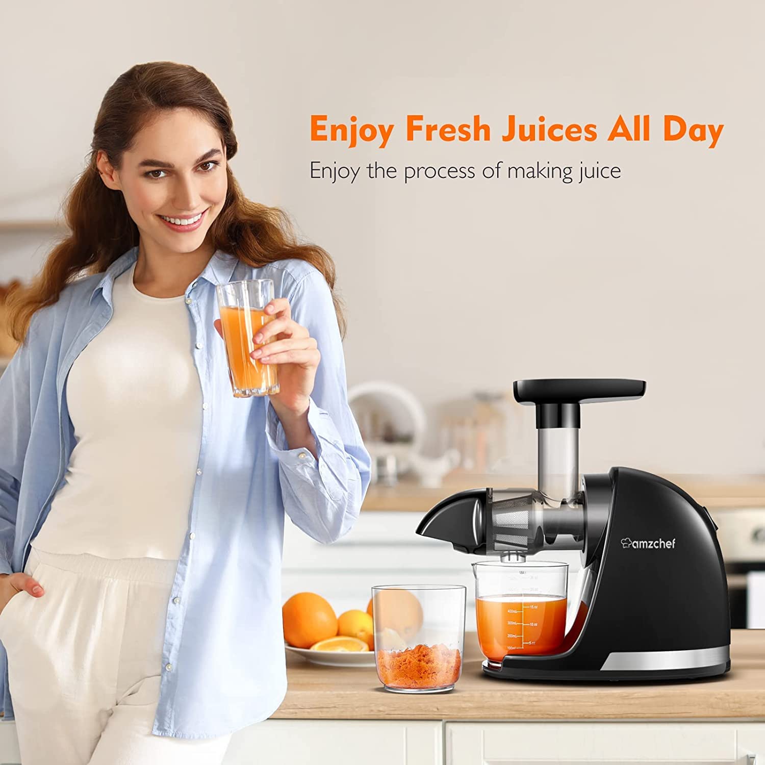 AMZCHEF Juicer Machines - Cold Press Slow Juicer - Masticating Juicer for Whole Fruits and Vegetables - Delicate Chew No Need to Filter - BPA Free Juice Extractor with 2 Cups and Brush - Black