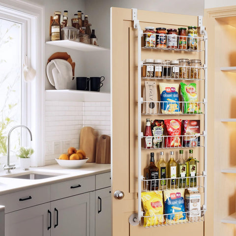 Delamu 8-Tier Over Door Storage Organiser, Adjustable Metal Pantry Shelves, Hanging Spice Rack for Kitchen, Bathroom & Laundry, White