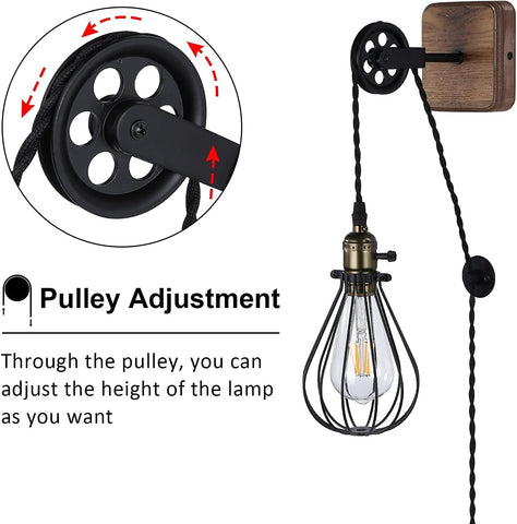 Industrial Plug In Cage Wall Lamp Pulley Sconce