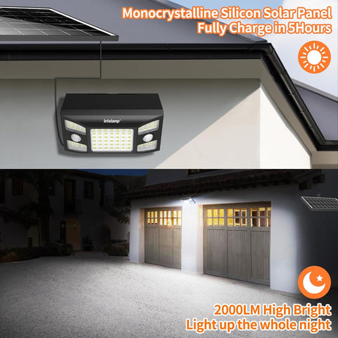 Solar panel system with light fixture, text about charging time, and light output on a garage setting.