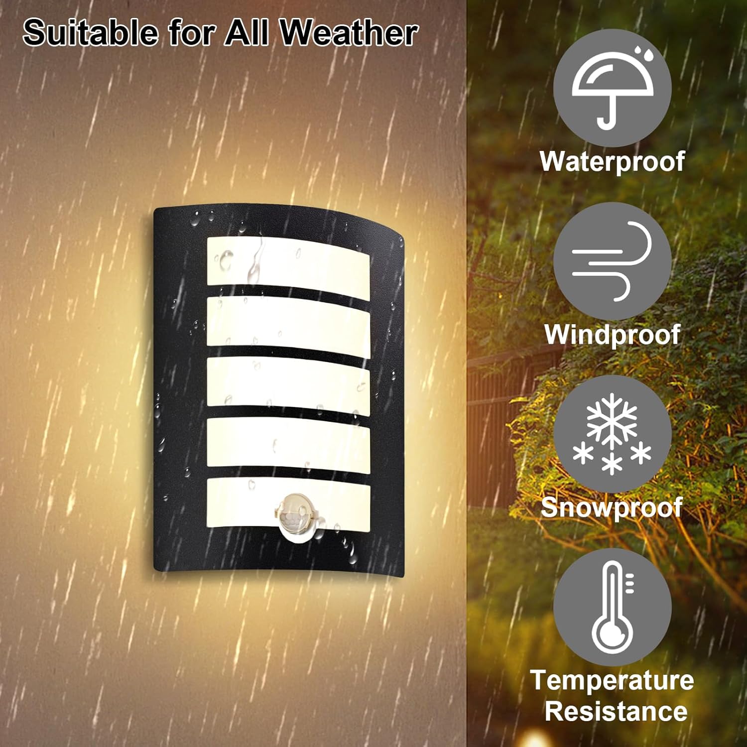 Outdoor wall light fixture with weather resistance features on a rainy day background