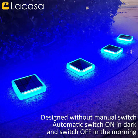 Lacasa Solar Deck Lights Outdoor Garden, 4 Pack Blue LED Dock Step Lights IP68 Waterproof Auto ON/Off for Stairs Driveway Pathway Lighting