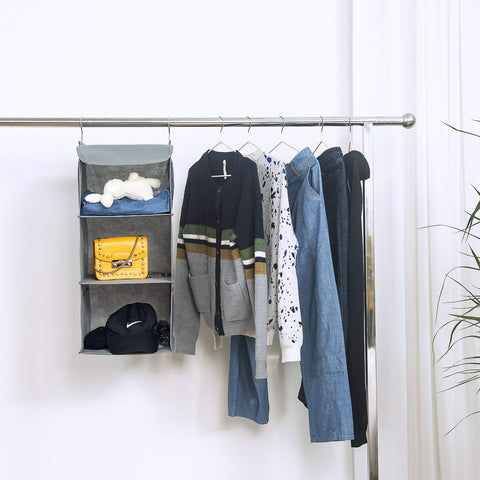 BrilliantJo Hanging Storage with 3 Shelves Wardrobe Closet Organiser, Storage Shelves Unit with 4 Pockets for Clothes Bag Shoes - Grey(30 x 30 x 60cm)