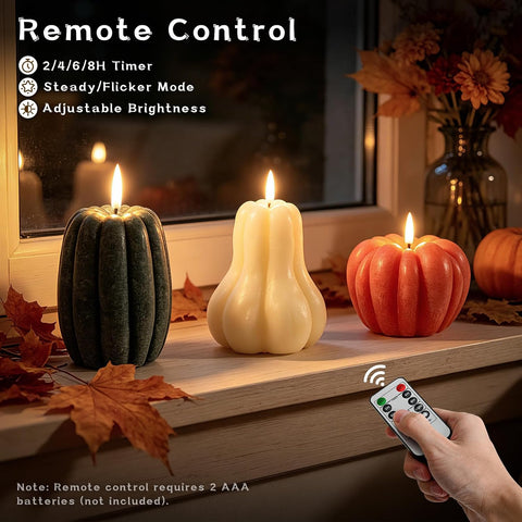 3 Pcs Fall Pumpkin Flameless Candle, LED Battery Operated Pumpkin Candle Light with Remote, Real Wax 3D Flickering Candles, Autumn Thanksgiving Halloween Farmhouse Home Decoration Gift
