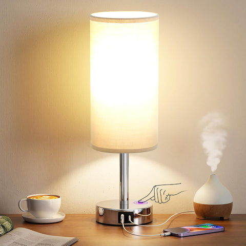 Aooshine Touch Bedside Lamp with 2 USB Charging Ports – Grey Table Lamp with 3 Brightness Levels, E27 LED Bulb & Touch Control for Bedroom, Study & Living Room