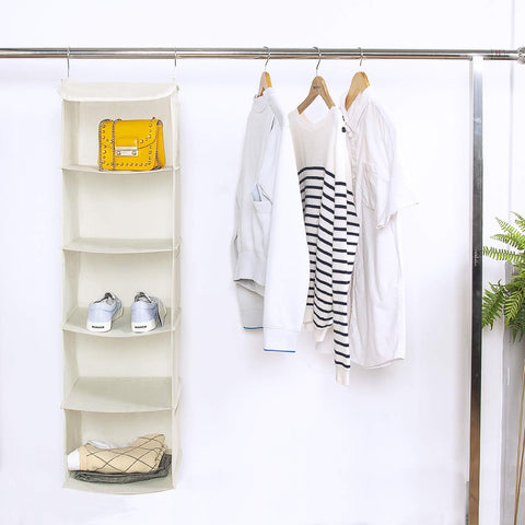 BrilliantJo 2-Pack Hanging Wardrobe Organiser, 5 Shelves with 6 Side Pockets, Beige