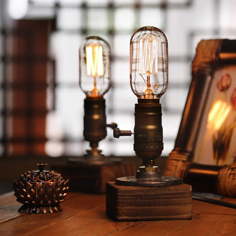 Industrial Steampunk Desk Lamp – Vintage Industrial Table Lamp with E27 Holder, Wooden Base & Iron Pipe Design for Bedroom, Study, Café, Bar & Pub