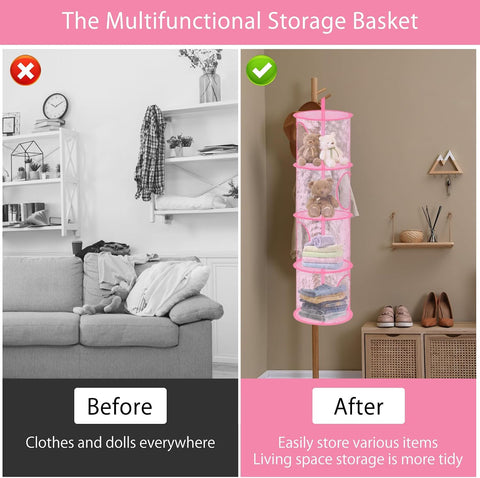 APOMOONS Hanging Mesh Storage Basket, 4-Tier Pink Teddy Toy Organiser – Give Every Cuddly Toy a Cosy Place