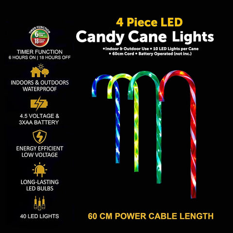 Christmas Set of 4 Candy Cane Red & White Light Up 50cm Stakes Garden Path Patio 40 LEDs Outdoor Indoor Festive Lighting Novelty Xmas Pathway Decorations (Multi-Coloured)