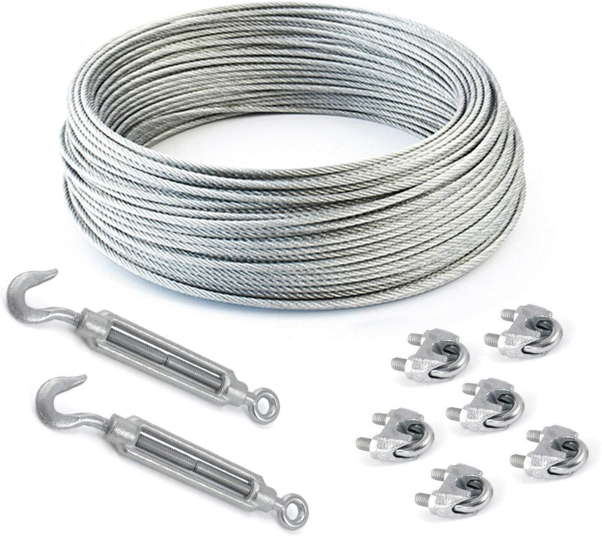 DQ-PP 20m Galvanised Steel Wire Rope Kit, 3mm Diameter, 6x7 Strand Cable with 6 Clips & 2 Hook-Eye Turnbuckles for Tensioning and Securing