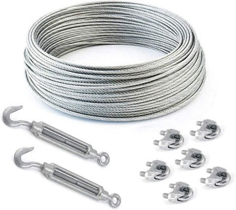 DQ-PP 20m Galvanised Steel Wire Rope Kit, 3mm Diameter, 6x7 Strand Cable with 6 Clips & 2 Hook-Eye Turnbuckles for Tensioning and Securing