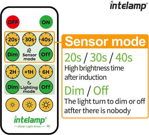 Intelamp remote control with sensor mode settings on a white background
