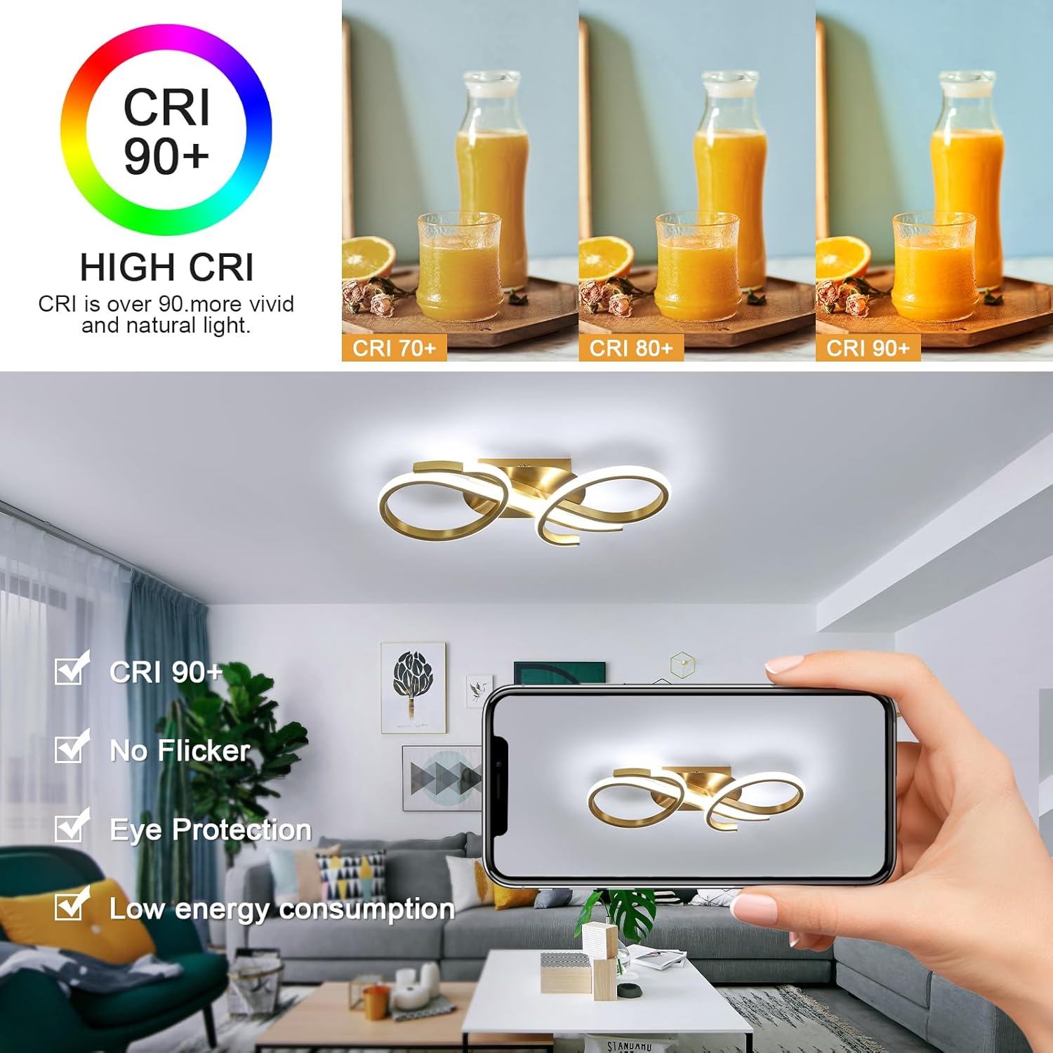 Living room with a ceiling light fixture, smartphone displaying a logo, and glasses of orange juice on a tray.