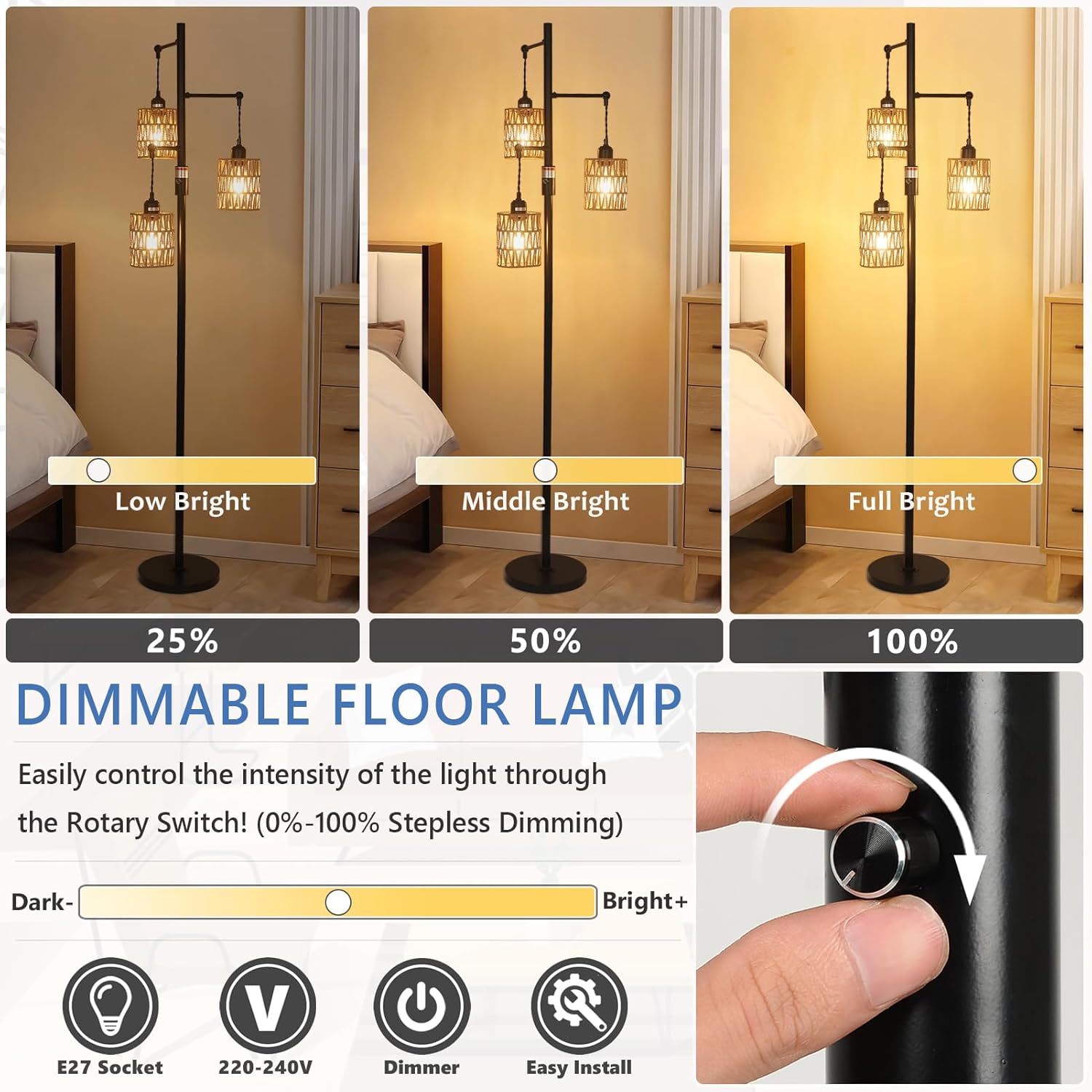 Dimmable floor lamp with light intensity control in a bedroom setting