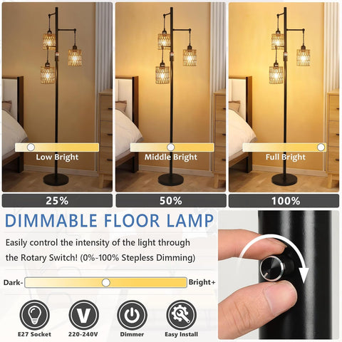 Dimmable floor lamp with light intensity control in a bedroom setting