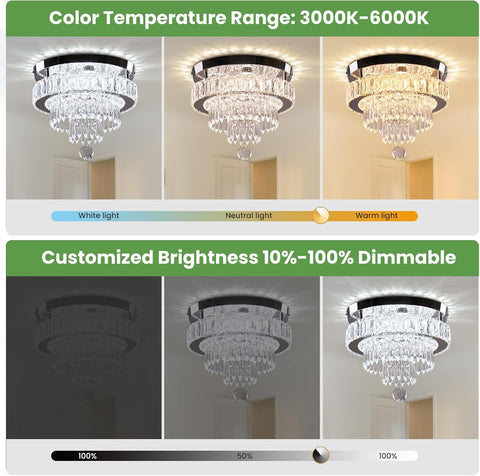11.8" Crystal LED Ceiling Light Modern Dimmable Flush Mount Chandelier