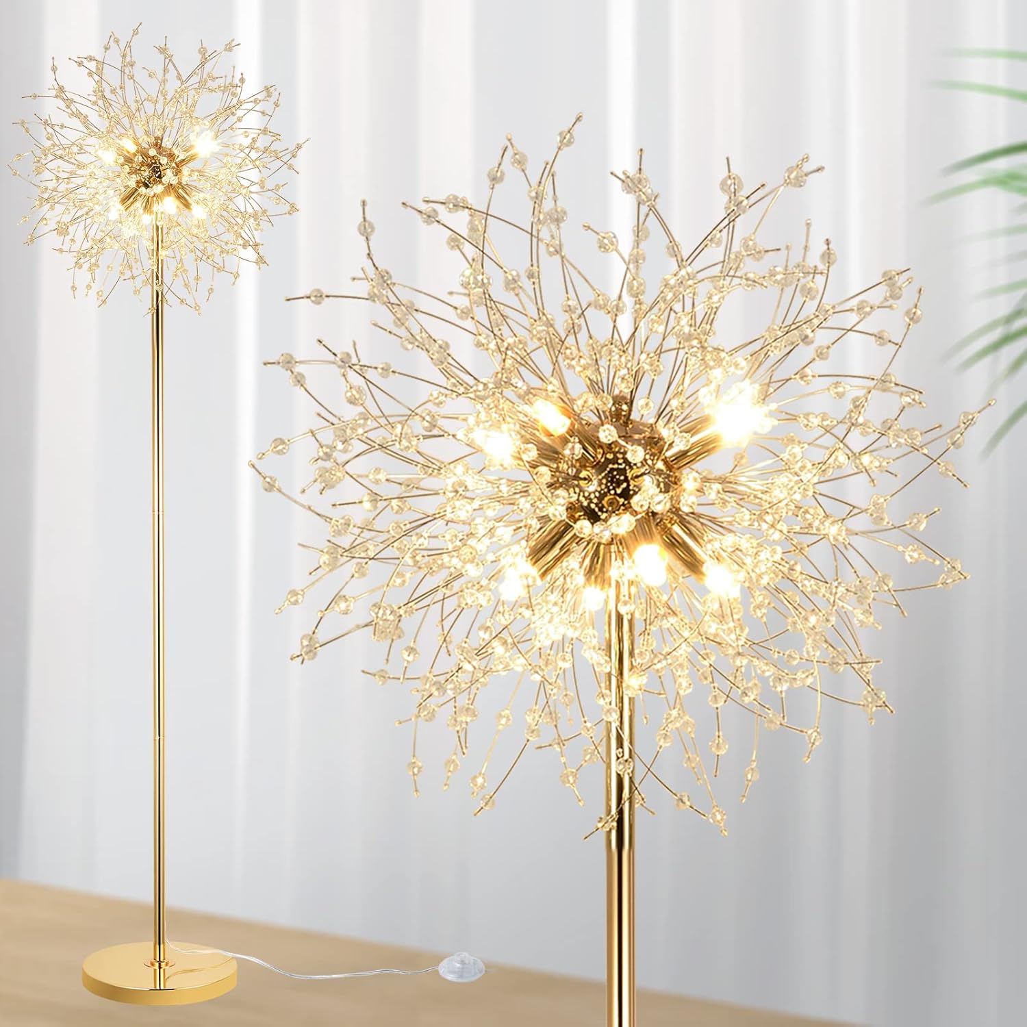 Gold decorative floor lamp with starburst design against a white curtain background