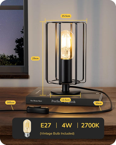 SEDISHINE Industrial Table Lamp – Black Metal Cage Lamp with LED Bulb, E27 Socket & 165cm Cord for Bedroom, Desk, Bedside & Living Room