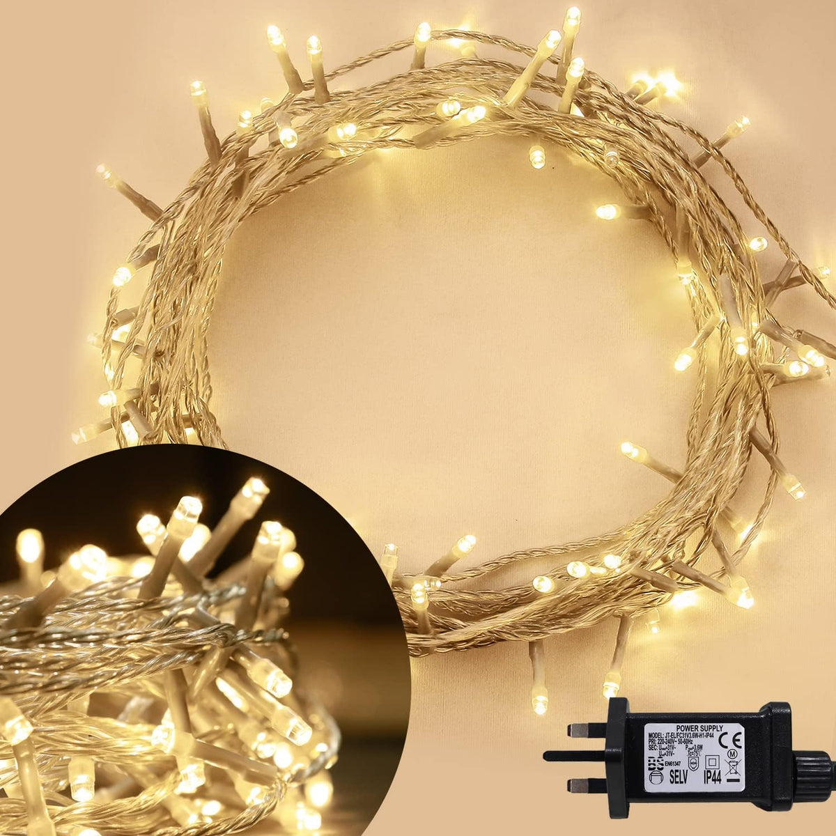 ANSIO Christmas Lights 100 LED 10m Warm White Mains Powered Clear Cable – Indoor & Outdoor Fairy String Lights with 8 Light Functions for Christmas, Weddings & Parties