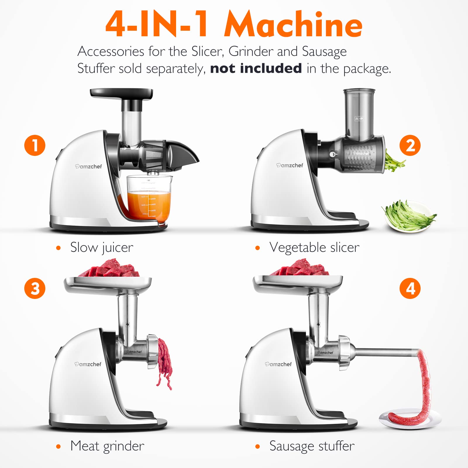 AMZCHEF Juicer Machines - Cold Press Slow Juicer - Masticating Juicer for Whole Fruits and Vegetables - Delicate Chew No Need to Filter - BPA Free Juice Extractor with 2 Cups and Brush - Black