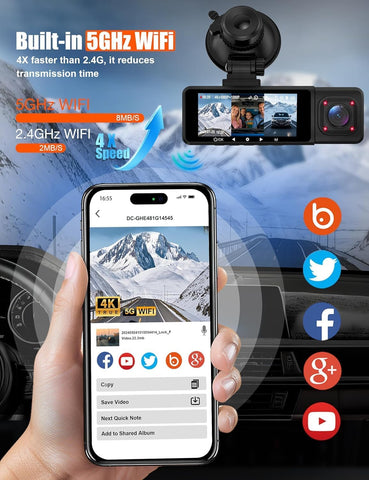 Orskey J10 3-Channel 4K Dash Cam with 5GHz WiFi & APP Control