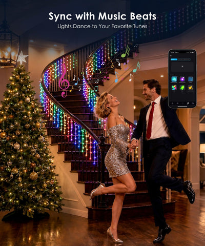 Quntis Smart Christmas Icicle Lights 5m – App & Remote Controlled Multicolour LED Outdoor Fairy Lights with Music Sync, 60+ Modes & IP44 Waterproof Design - Turn Your Home Into a Festive Light Show