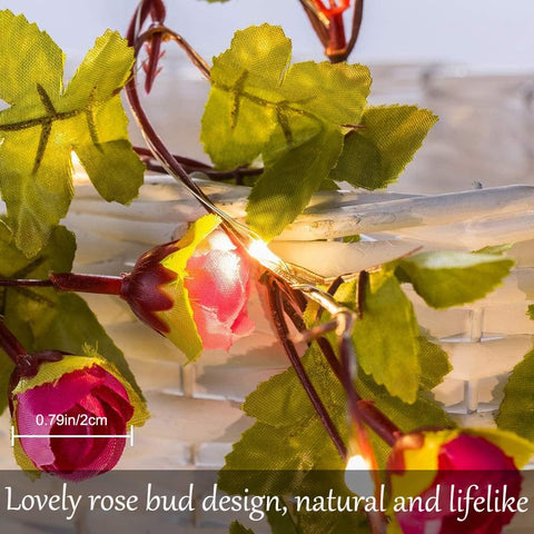 Rose Flower String Lights, 2M 20 LED Battery Powered Artificial Rose Garland for Indoor Bedroom, Wedding and Party Decoration