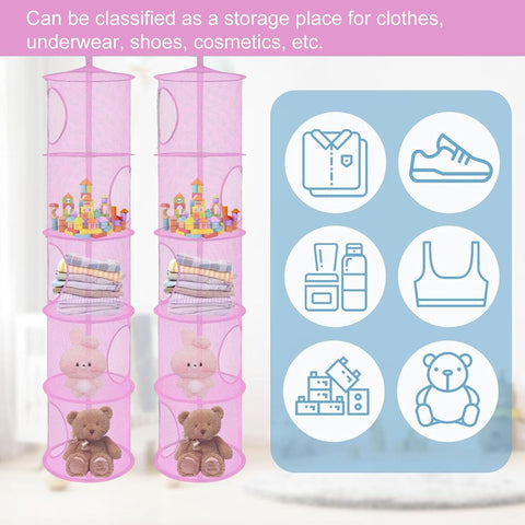 Hanging Mesh Storage Basket, 2 Pack, 5-Tier Foldable Toy Organiser in Pink – Make Room for More Play