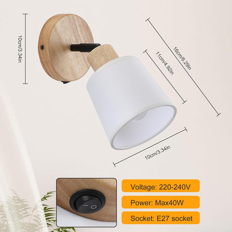 Wood Vintage Wall Light with Switch E27 Fabric Shade