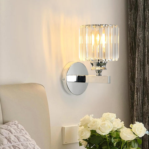 Modern Crystal Wall Light, E27 Silver Round LED Sconce for Bedroom & Hallway