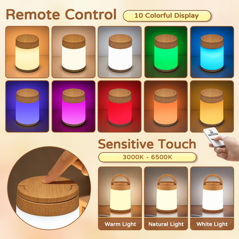 Rechargeable Lamp,10 Colour Changing Lamp+Dimmable Touch Lamp, Bedside Lamps Battery Lamp for Bedroom, Remote+Timer Bedside Lamp LED Night Lamp Kids Lamp Portable Small Lamp[Wood Grain Color]
