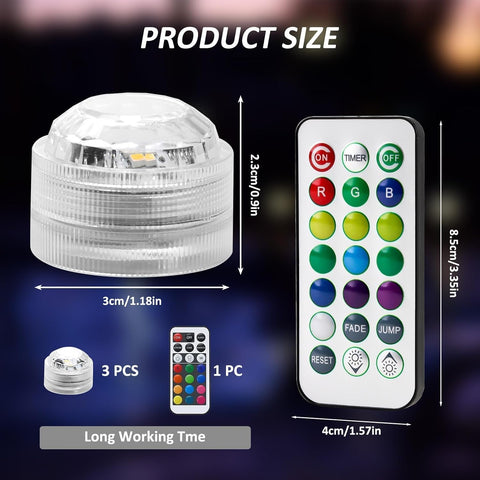 3 Pcs Mini Submersible LED Lights – Waterproof RGB Colour Changing Tea Lights with Remote Control for Ponds, Vases, Aquariums & Decorations