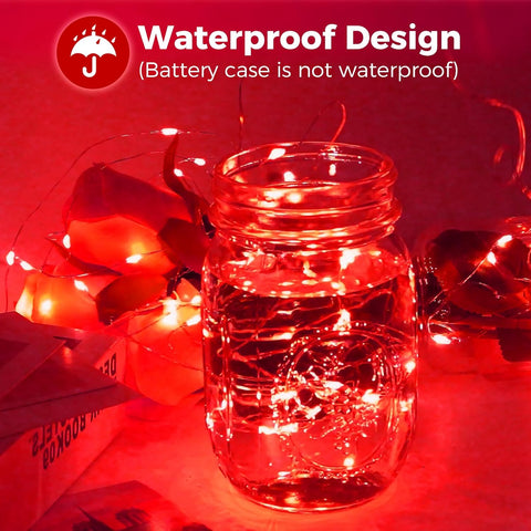 2 Pack Red Fairy Lights Battery Operated with Timer, 2M 20 LED Waterproof Silver Wire String Lights for Indoor Party, Wedding & Valentine’s Day Decor