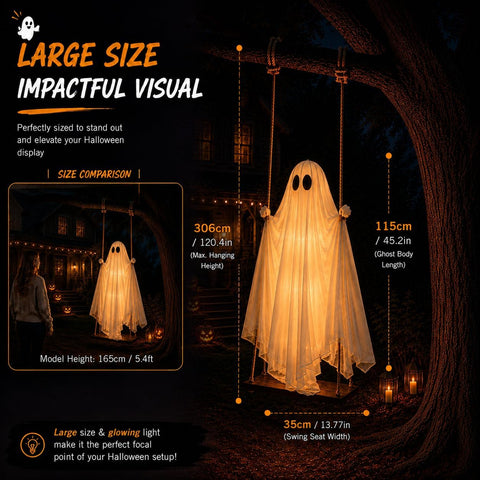 Halloween Light Up Swinging Ghost Hanging Decoration – Large Cloth Specter with Warm White LED Light for Outdoor Trees, Gardens, Porches & Halloween Parties