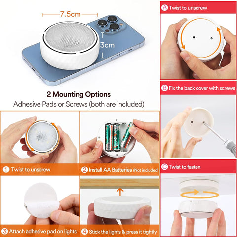 Under Cabinet LED Puck Lights Battery Powered Stick-On RGB Kitchen Closet Lighting with Remote 2 Pack