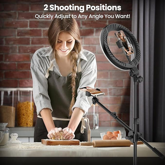 Content creator using the LED ring light for YouTube live streaming

