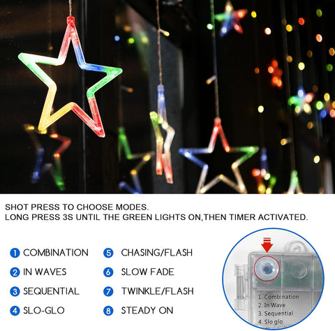 Jsdoin Christmas LED Stars Curtain Lights 12 Stars 138 Multicolour String Lights