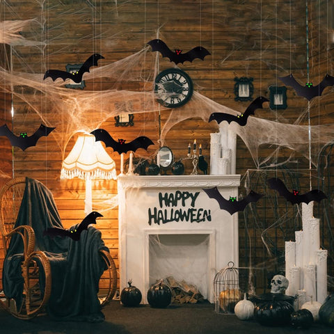 12PCS Halloween Hanging Bats with Glowing Eyes – Waterproof Flying Bat Decorations for Indoor & Outdoor Halloween Party, Garden, Door, Wall & Haunted House Décor