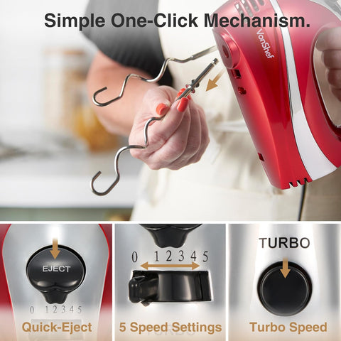 VonShef Hand Mixer Electric Whisk – 300W Food Mixer for Baking, 5 Speeds, Turbo Boost, Eject Button, 2 Beaters, 2 Hooks & Whisk – Red