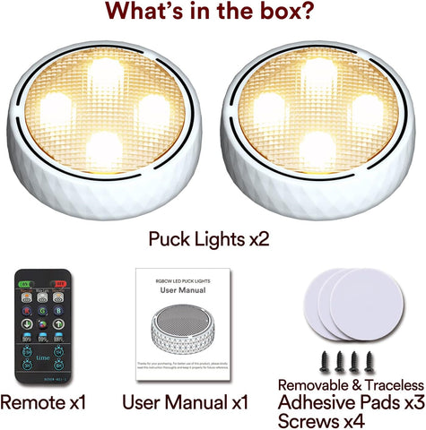 Under Cabinet LED Puck Lights Battery Powered Stick-On RGB Kitchen Closet Lighting with Remote 2 Pack