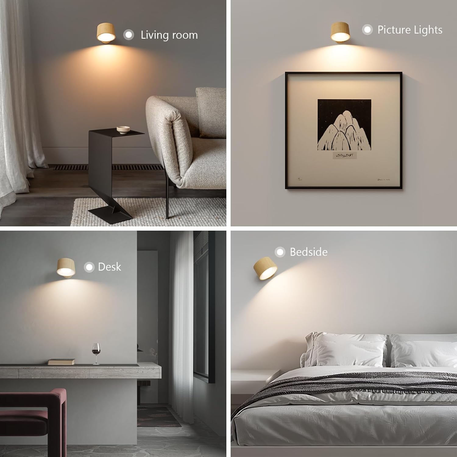 Lighting fixtures in a living room, bedroom, and office setting.