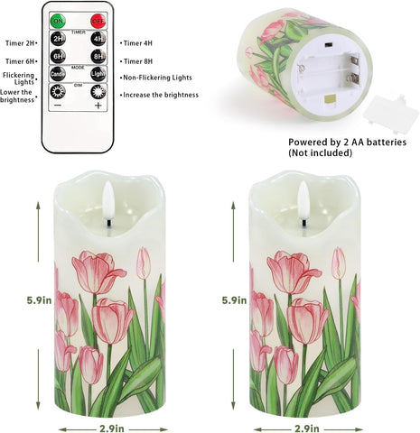 Tulip Flameless Pillar Candles Set of 2, 6×3 Inch Real Wax LED Candles with Remote, Timer & Dimmable Flickering Light