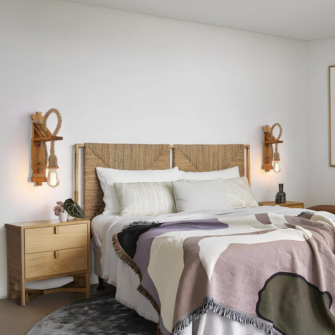 SEEBLEN Wall Sconces Set of Two Farmhouse Wooden Wall Sconce with Natural Hemp Rope,Boho Wall Lamps for Bedroom Beside Living Room Fireplace
