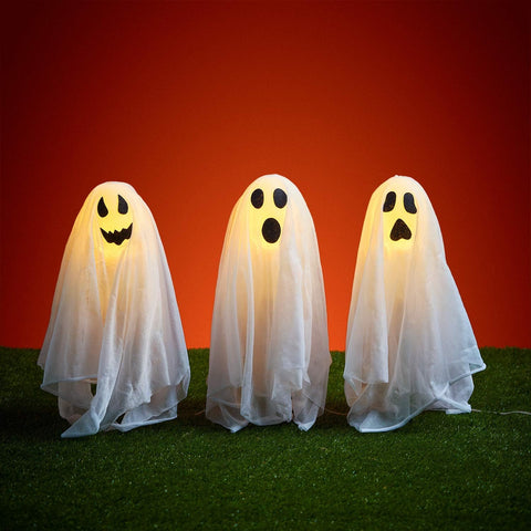 Lights4fun Set of 3 Outdoor Ghost Stake Lights Lawn Pathway Lighthing Battery Operated Light Up LED Halloween Party Props Garden Decoration 40cm