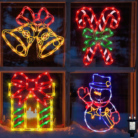 Pytopkto Christmas LED Window Silhouette Lights Set of 4 – Bell, Candy Cane, Snowman & Gift Box – Indoor & Outdoor Decorations