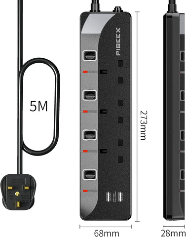 5M Extension Lead With USB, 13A 3250W 3 Way Power Strip with 2 USB Multi Power Plug Extension 5 Meters Long Extension Cord Black Power Strip for Home Office