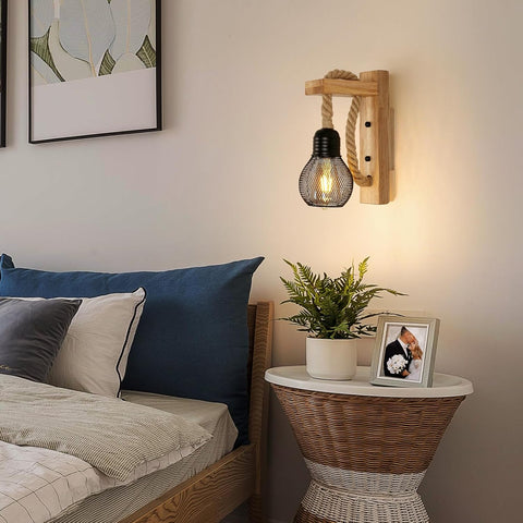 Wooden Wall Light with Hemp Rope, Industrial Wall Sconce Light Indoor, Metal Black Wall Lamp with E27 Socket for Living Room, Bedroom, Hallway, Corridor, Cafe Bar