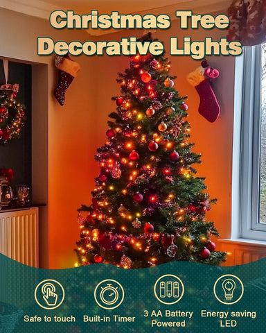 Festive Lights 5m Red Orange Yellow Battery Christmas Fairy Lights – 50 LED Waterproof String Lights with 6-Hour Timer for Christmas Trees, Wreaths, Gardens & Home Decorations