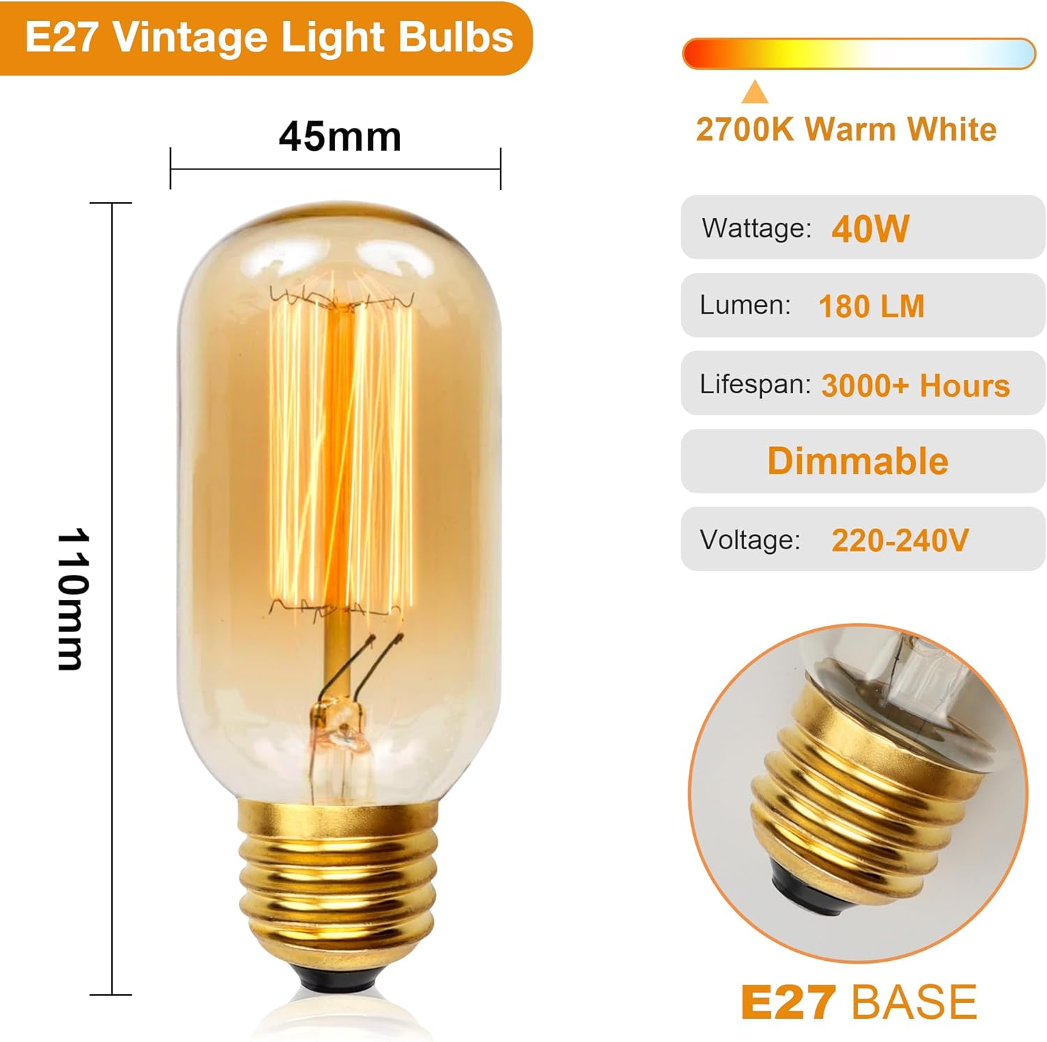 Vintage light bulb with specifications on a white background