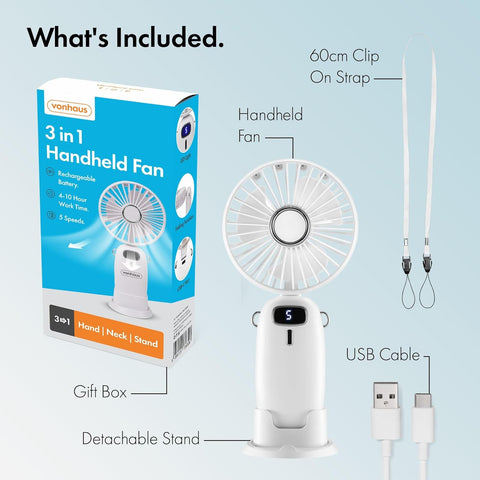 VonHaus Handheld Mini Fan – USB Rechargeable, 5 Speeds